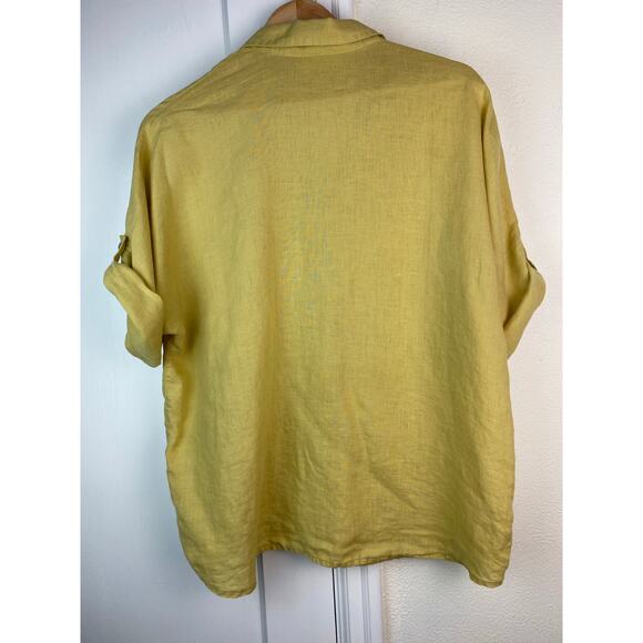 Chico's Design Women's 2 Mustard Yellow Linen Button Up Shirt - Picture 3 of 5